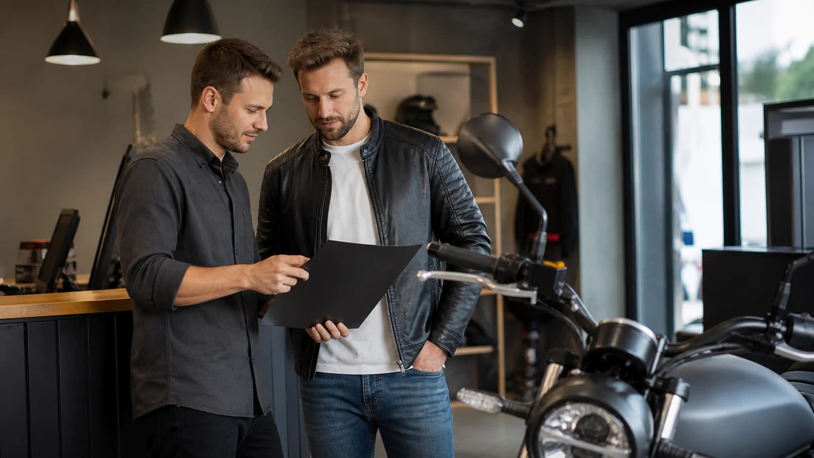 Client și consilier de service discutând lângă o motocicletă nouă