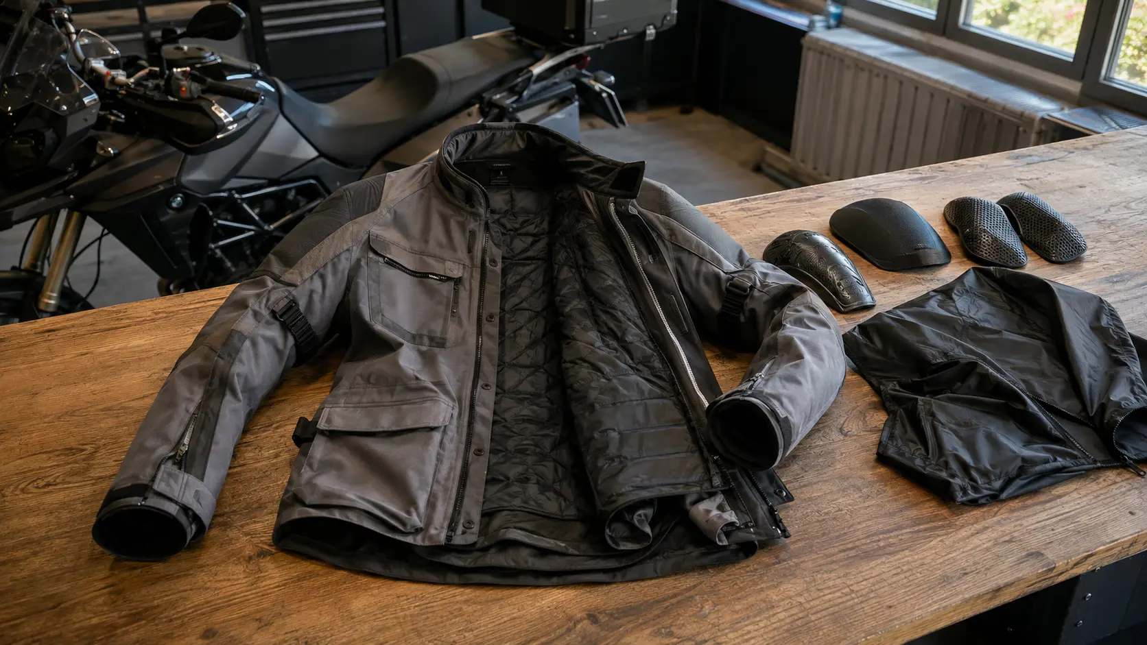 Geacă textilă moto cu protecții și membrană inspectată pe o masă de atelier