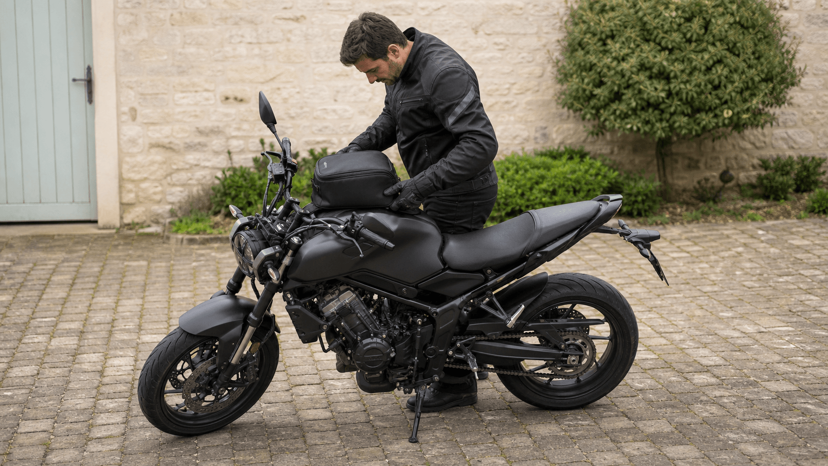 Motociclist care verifică poziția unei genți generice compacte pe rezervor cu motocicleta oprită