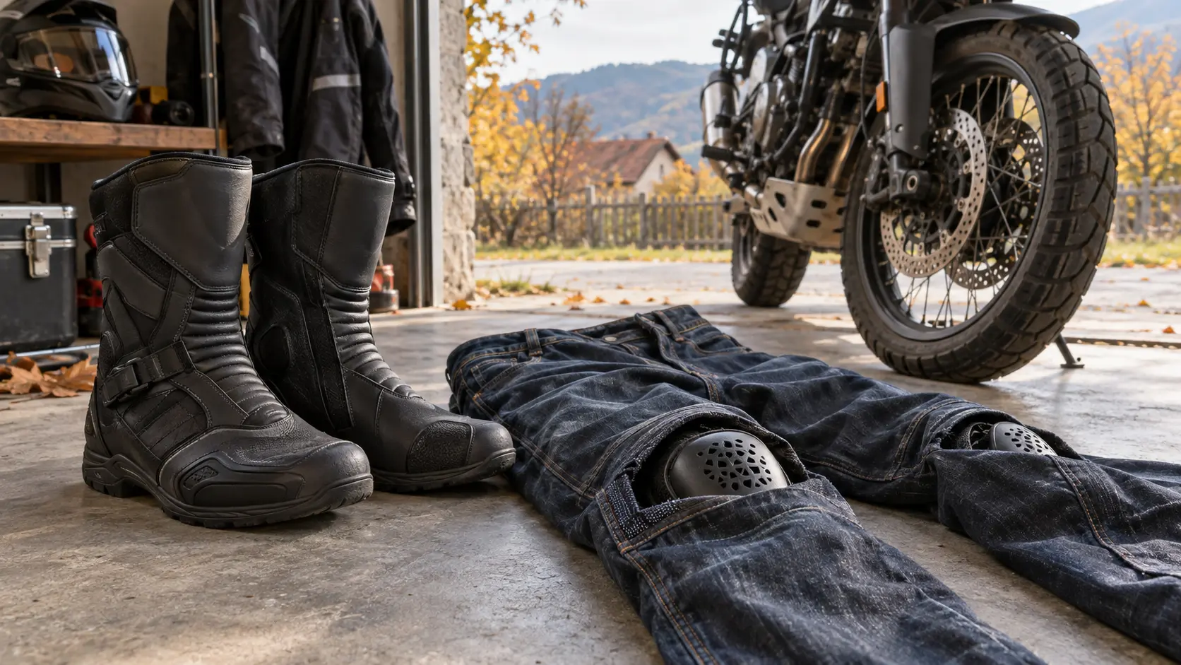 Ghete moto și jeans cu protecții așezate lângă o motocicletă