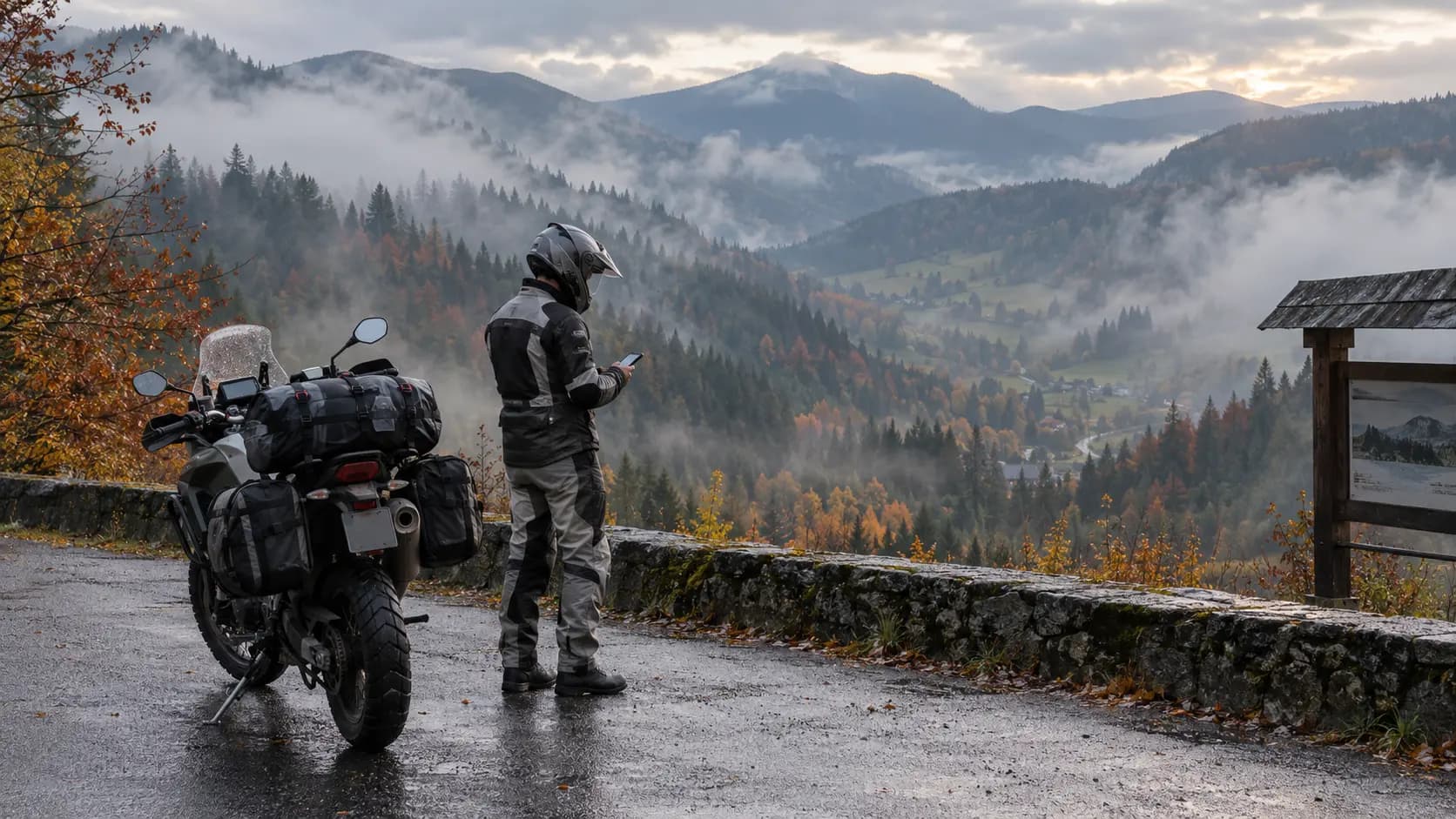 Motocicletă touring într-un punct de belvedere montan cu ceață de toamnă