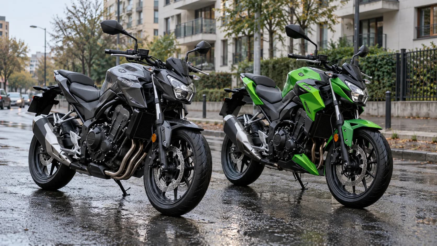Două motociclete naked A2 fără sigle, una neagră și una verde, parcate pe asfalt ud într-un oraș românesc