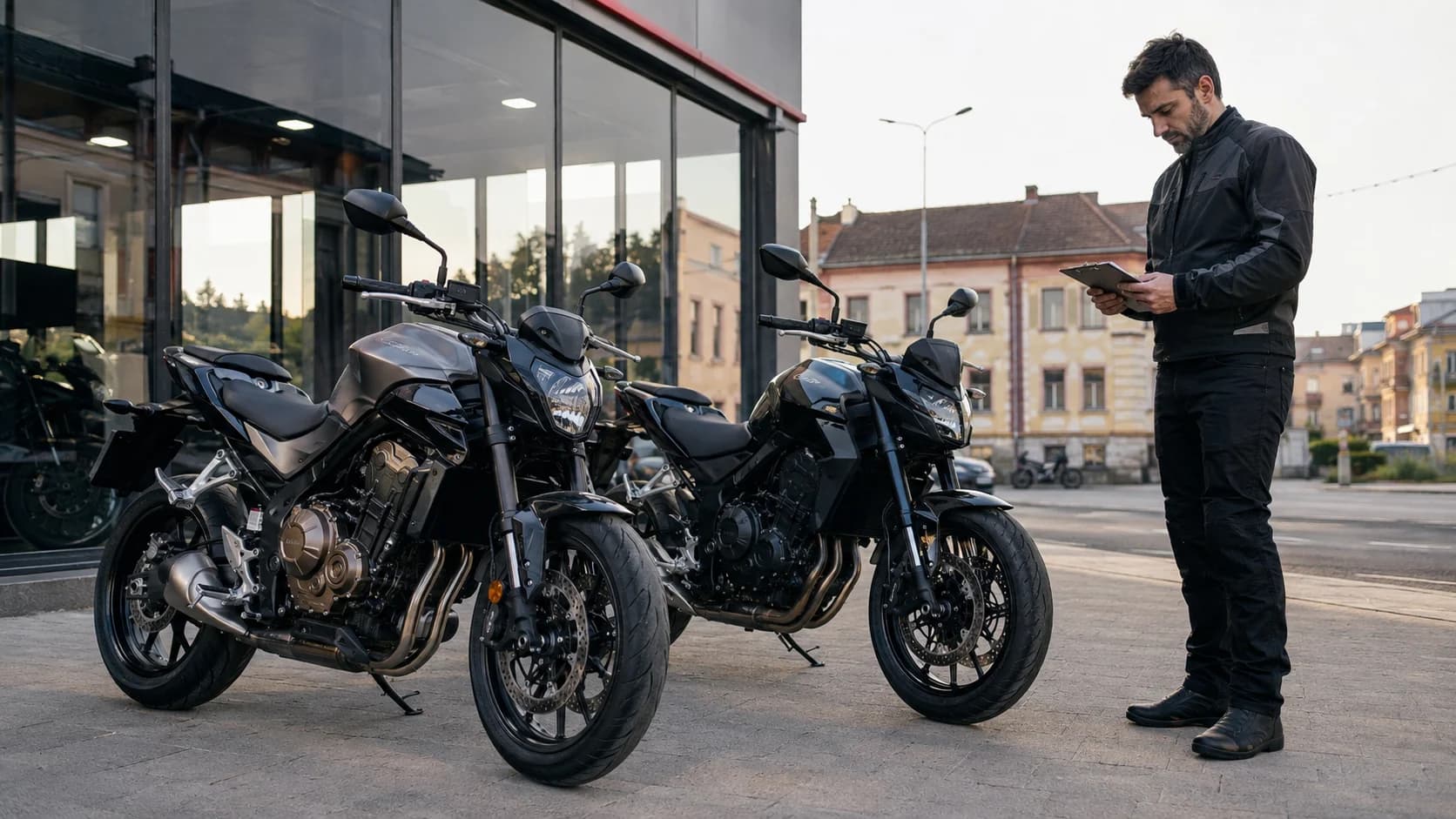 Două motociclete naked fără marcă analizate în fața unui dealer urban