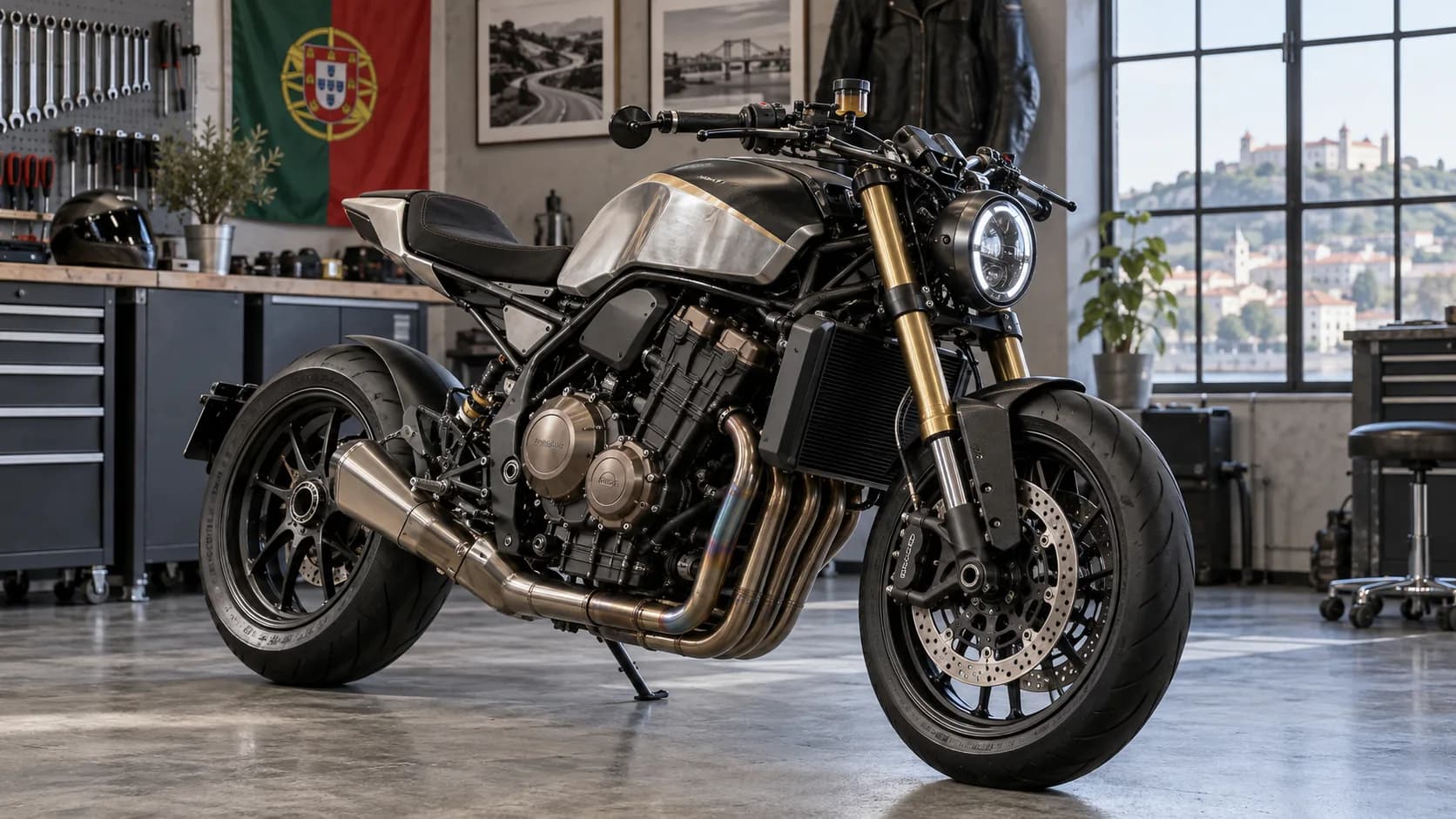 Streetfighter custom modern într-un atelier european, fără sigle vizibile
