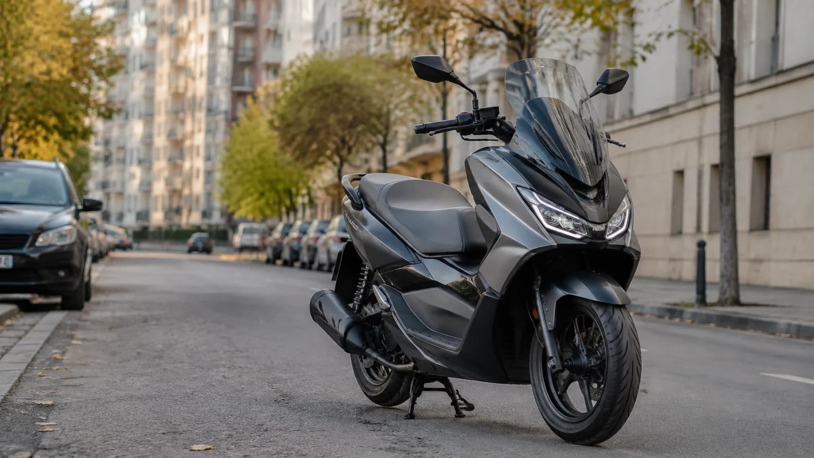 Scuter 125 modern parcat lângă o stradă urbană aglomerată