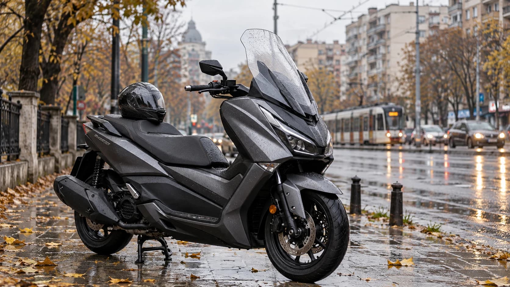 Maxi-scuter modern parcat lângă o arteră urbană din România într-o dimineață rece