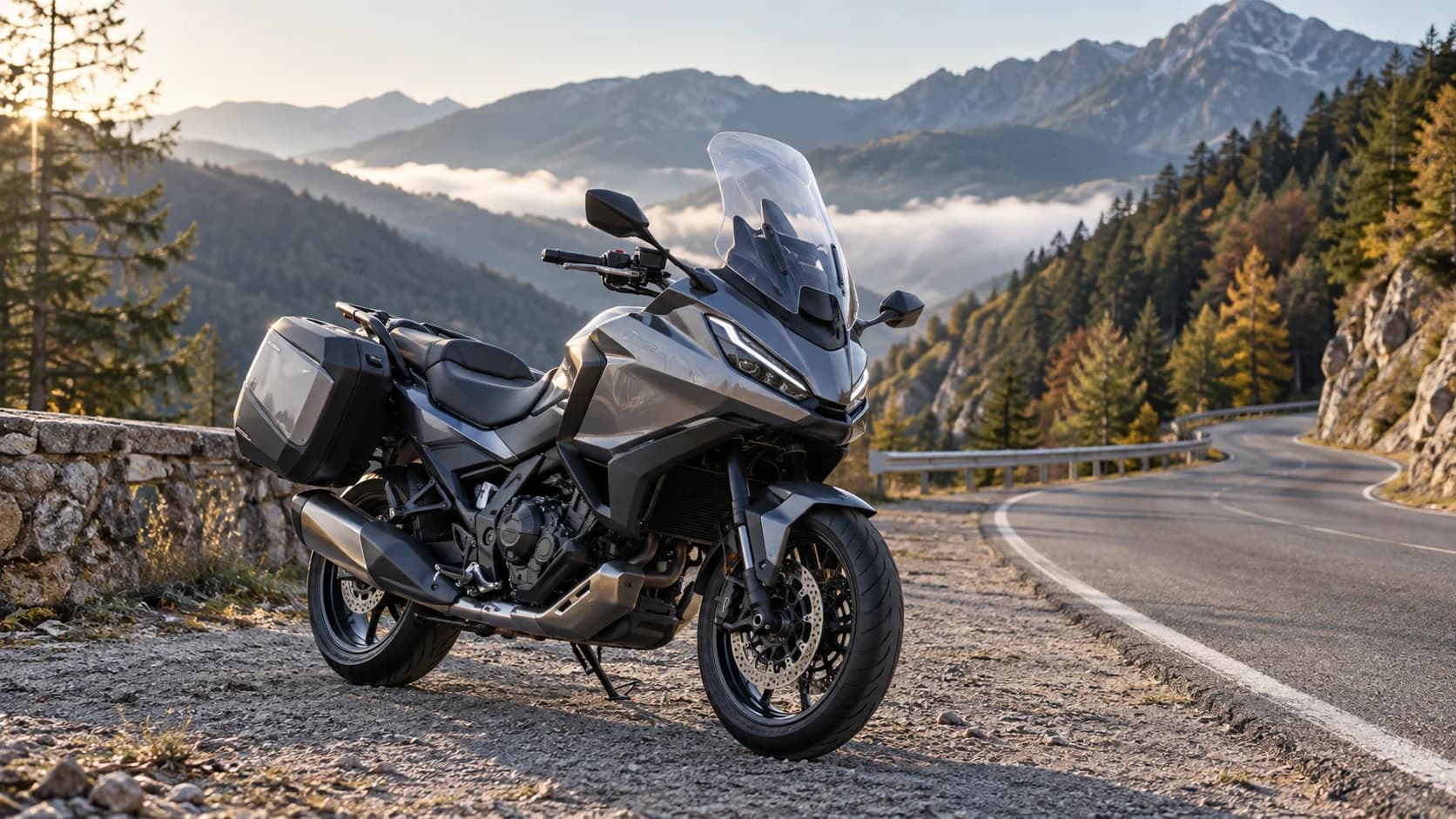 Motocicletă sport touring fără sigle fotografiată pe un drum montan