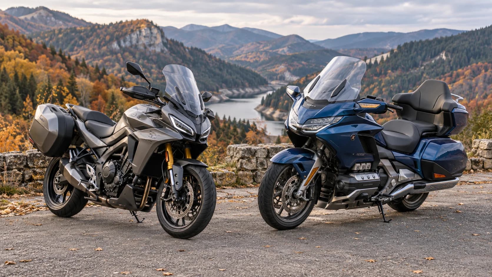 Două motociclete touring fără sigle vizibile parcate pe o șosea de munte din România