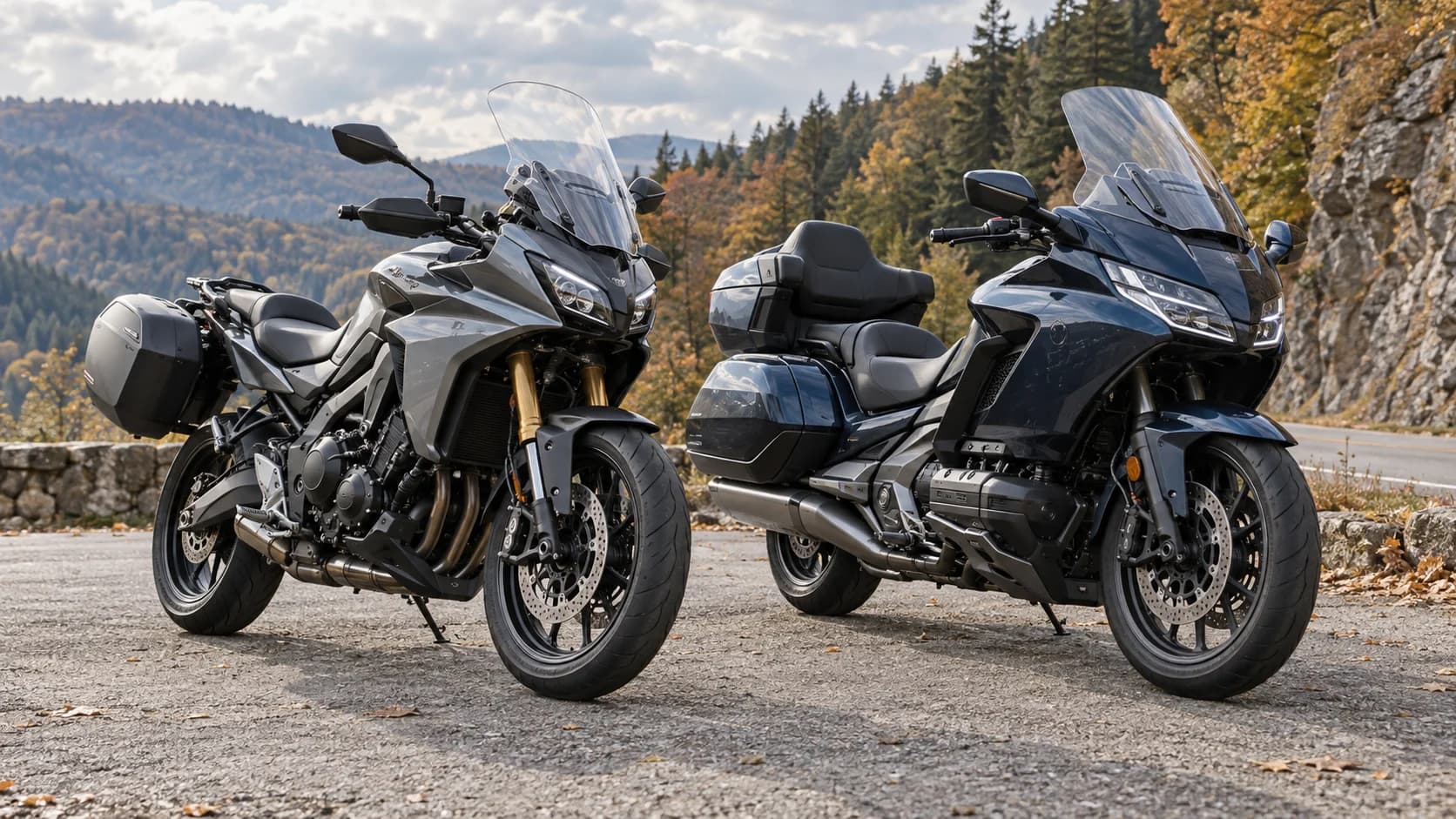 Două motociclete touring fără sigle fotografiate pe un drum de munte
