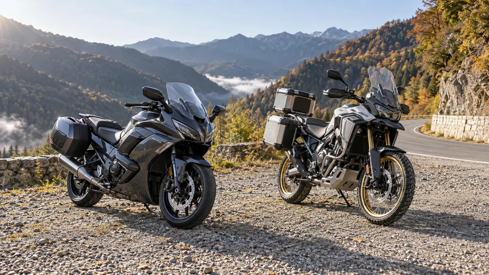 Două motociclete touring fără sigle parcate pe un drum montan de toamnă