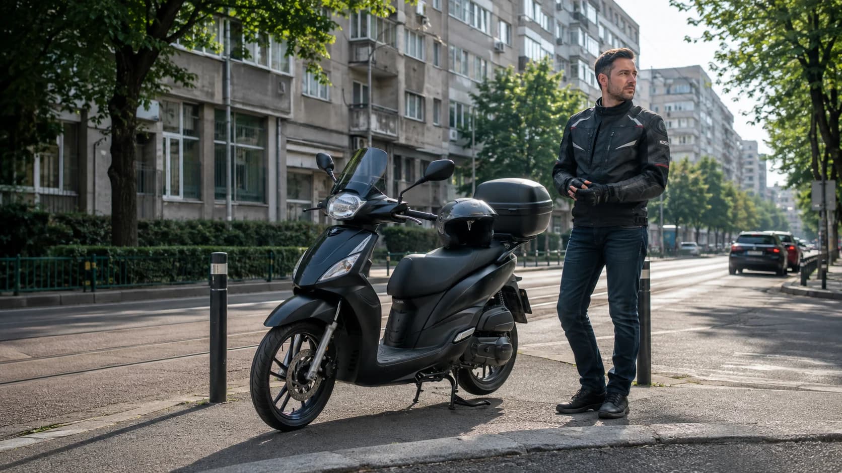 Scuter de 125 cmc parcat pe un bulevard urban din România