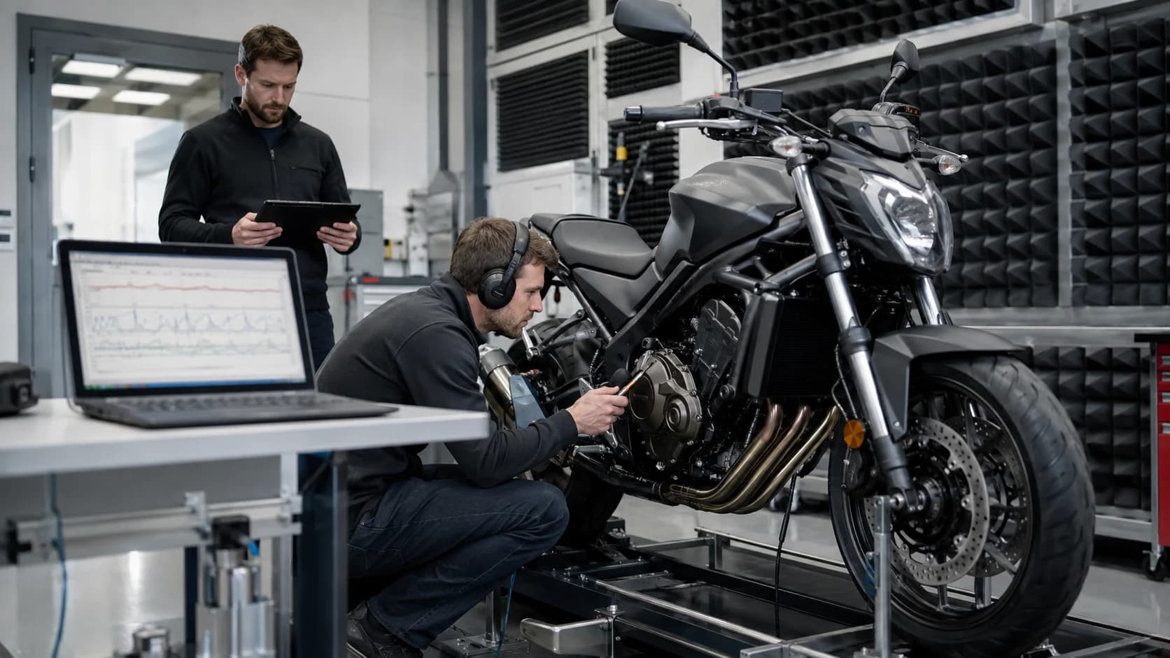 Motocicletă pe stand într-un laborator de sunet și vibrații