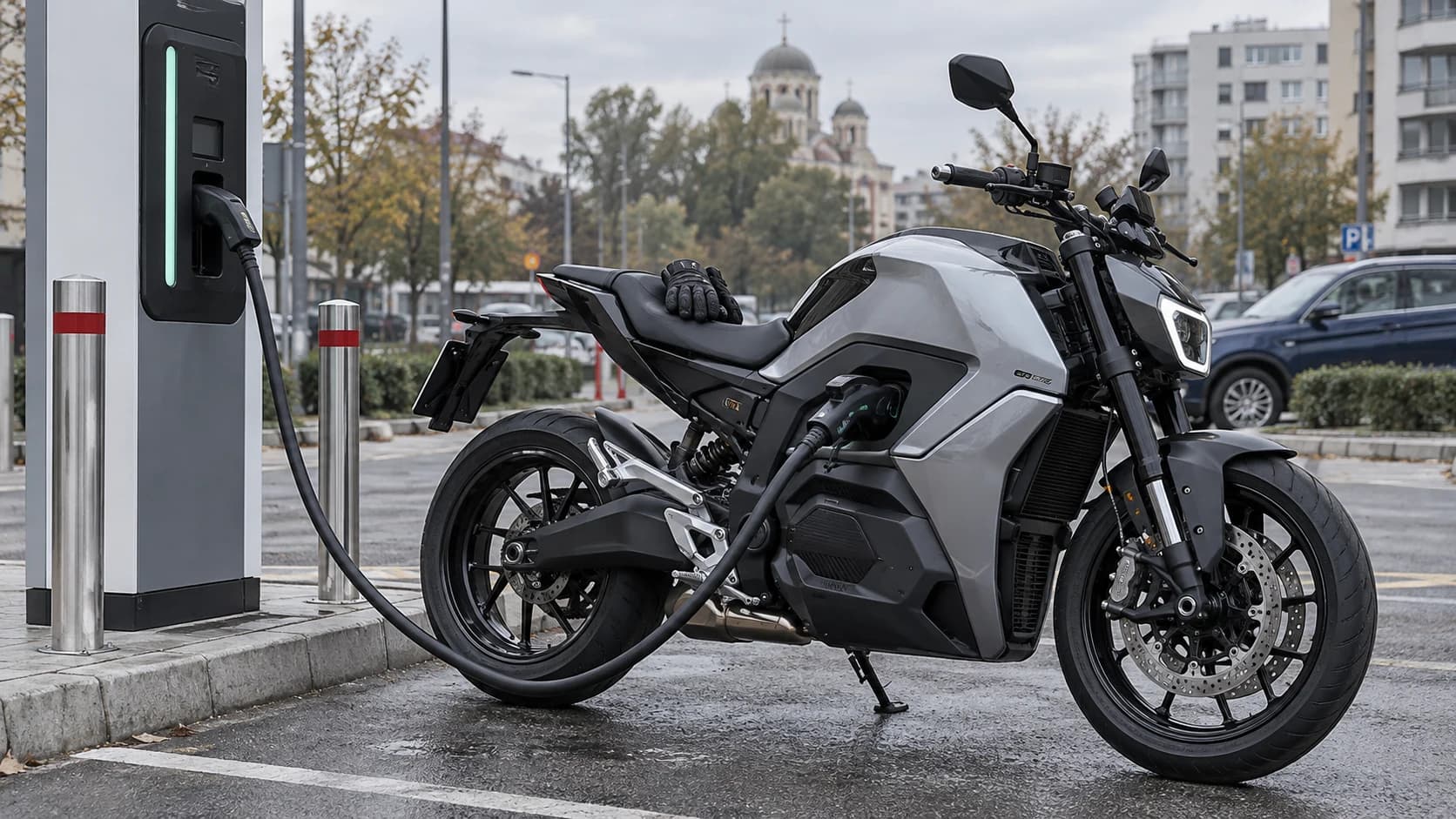 Motocicletă electrică modernă la o stație de încărcare într-o parcare urbană românească