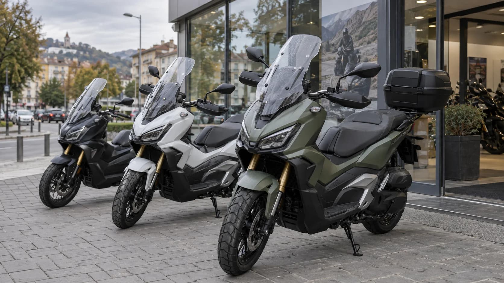 Trei scutere adventure moderne parcate în fața unui showroom urban