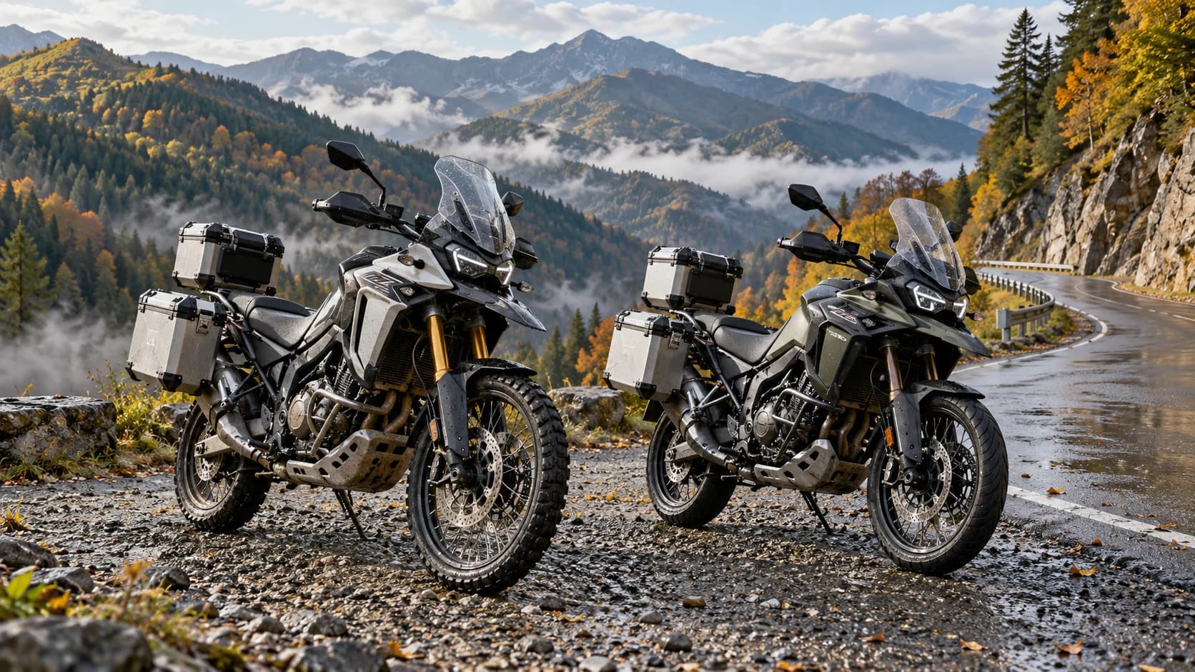 două motociclete adventure fără sigle pe un drum montan umed