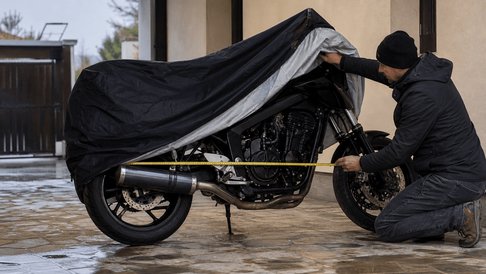 Motociclist care măsoară o motocicletă și așază o husă generică după răcirea evacuării