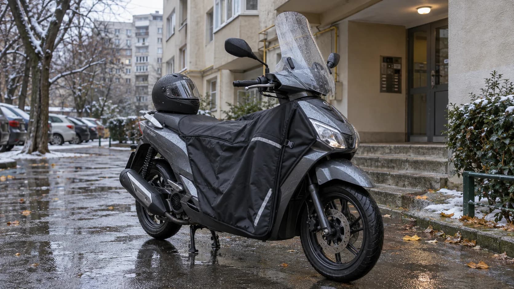 scuter urban cu husă pentru picioare parcat lângă un bloc într-o dimineață rece