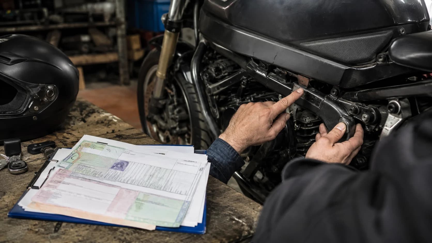 Verificarea seriei VIN și a actelor pentru o motocicletă second-hand într-un garaj