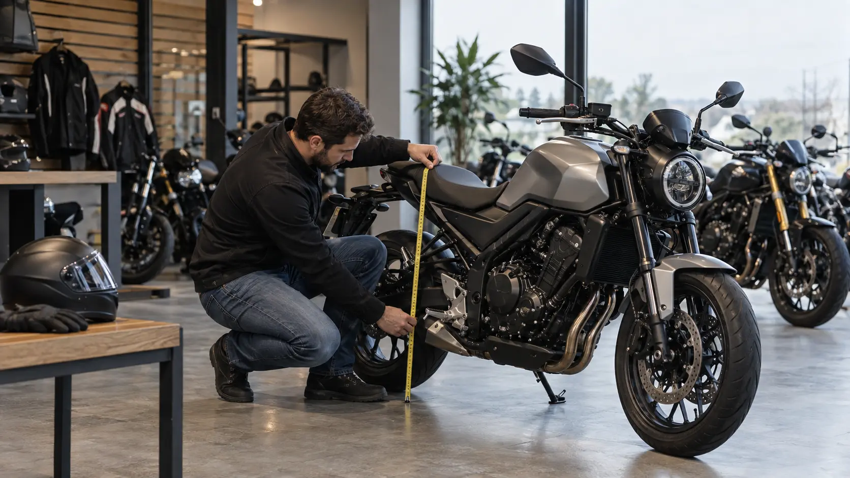 Rider care măsoară înălțimea șeii unei motociclete într-un showroom