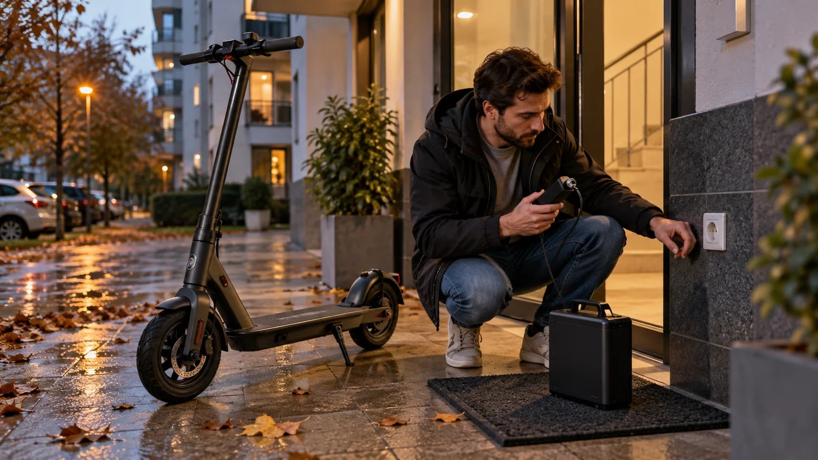 Vehicul electric urban cu baterie detașabilă încărcată lângă intrarea unui bloc