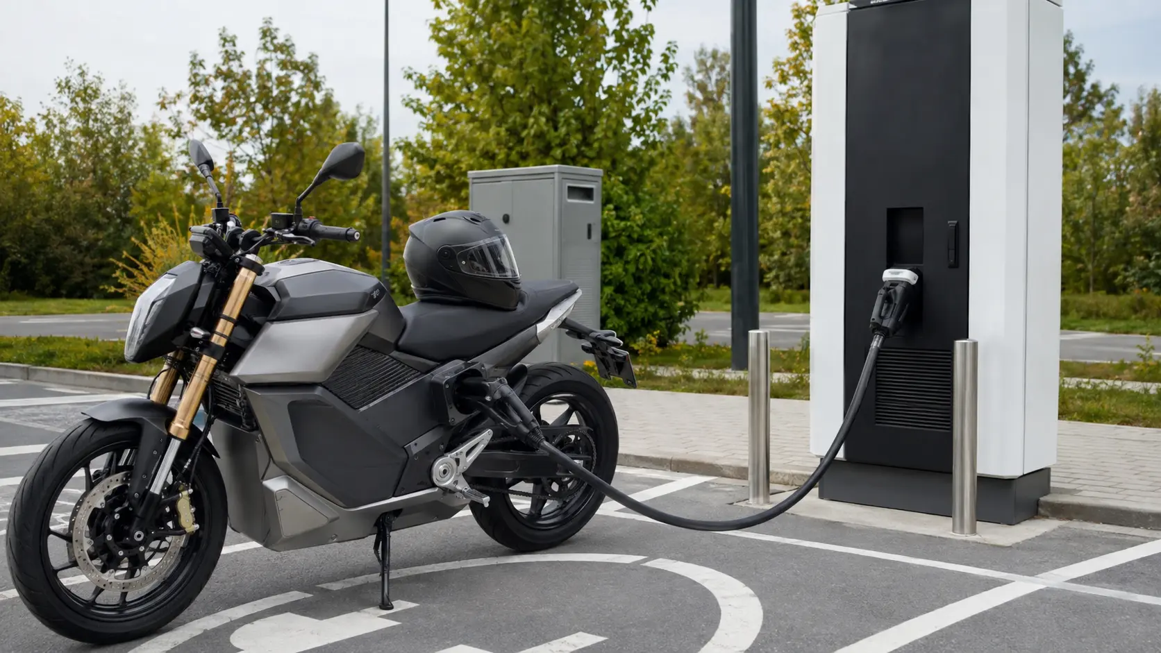 Motocicletă electrică generică conectată la o stație rapidă CCS2