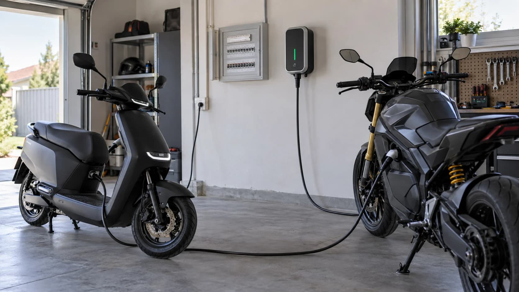 Scuter electric și motocicletă electrică încărcate într-un garaj curat