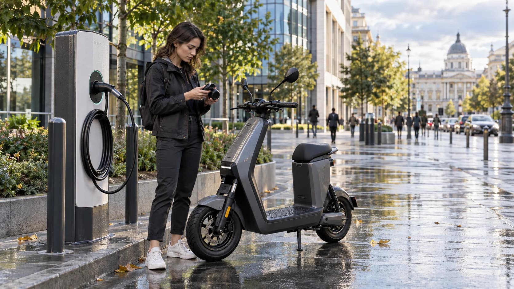Scuter electric lângă o stație publică de încărcare într-un oraș românesc