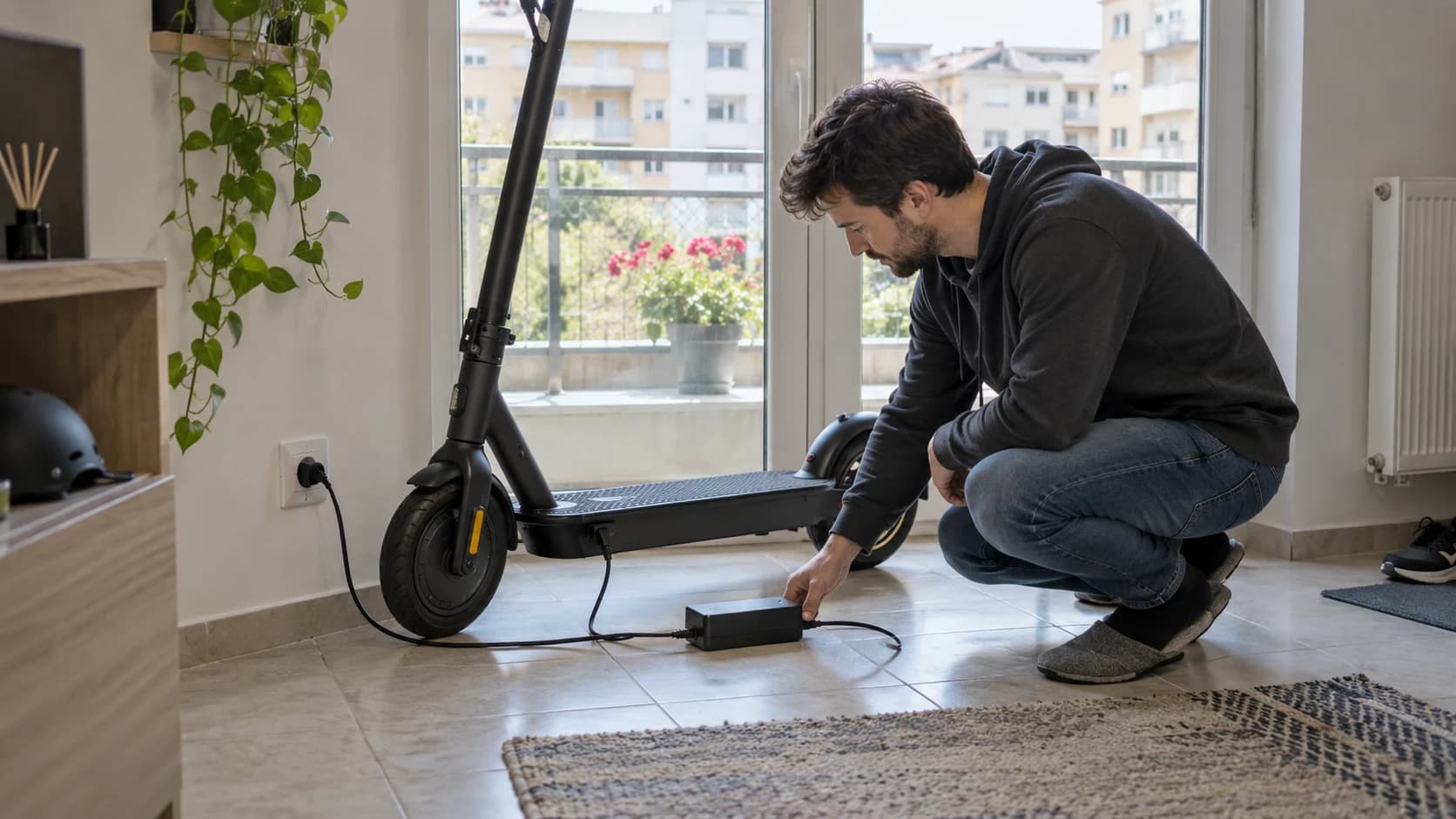 scuter electric încărcat în apartament lângă priză de perete