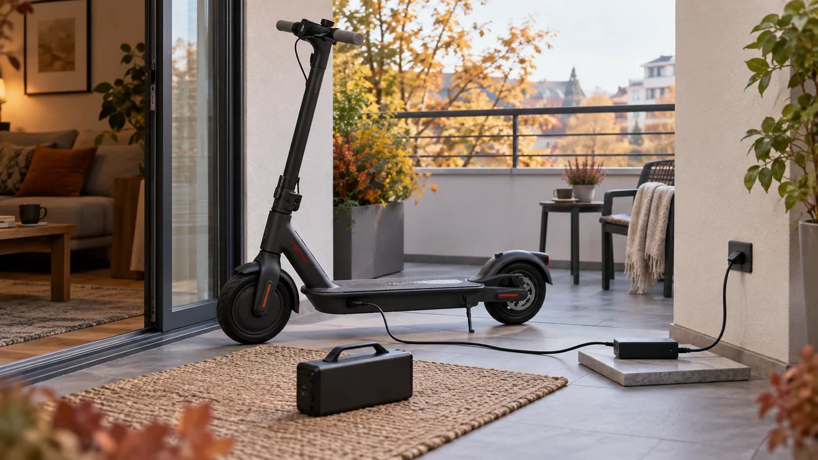 scuter electric încărcat pe balcon cu bateria și încărcătorul așezate ordonat