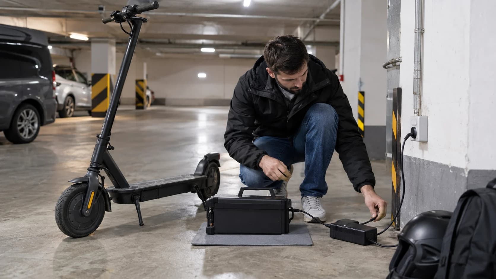 Scuter electric și baterie detașabilă încărcate într-un garaj subteran
