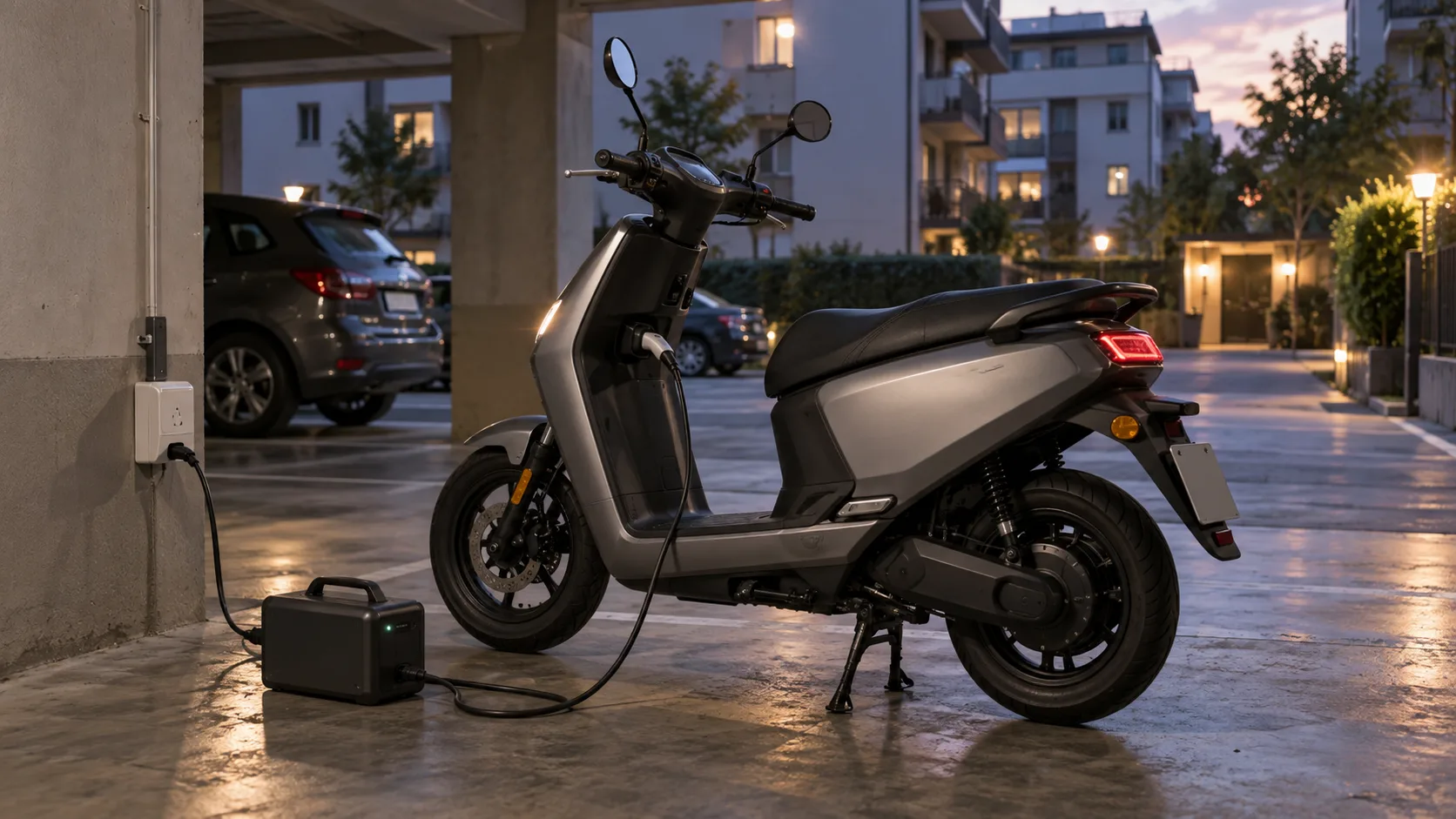 Scuter electric tip moped conectat la încărcător într-o parcare acoperită de bloc