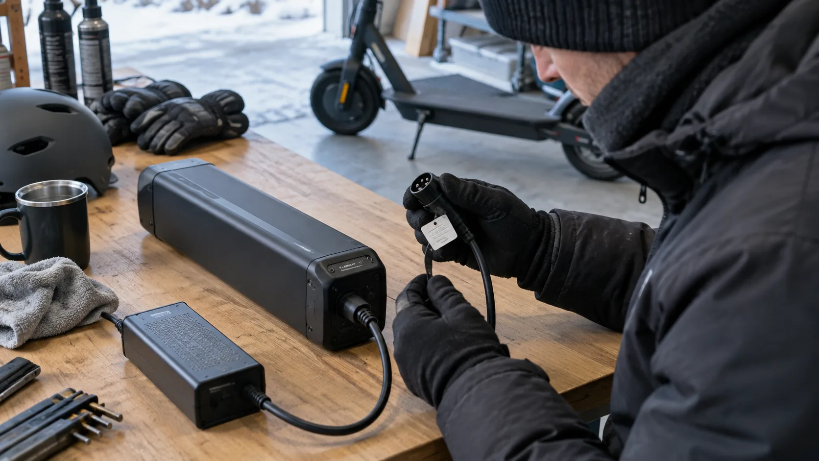 Rider verificând conectorul unui încărcător de scuter electric pe un banc de lucru rece