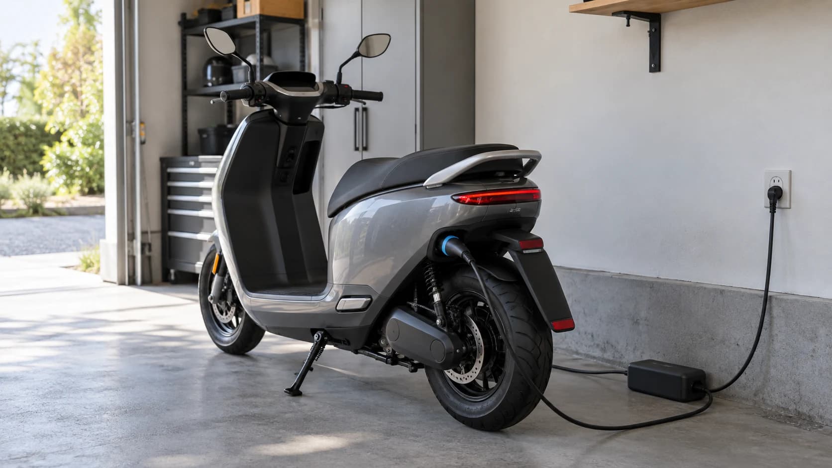 Scuter electric într-un garaj curat, cu încărcător conectat lângă priză