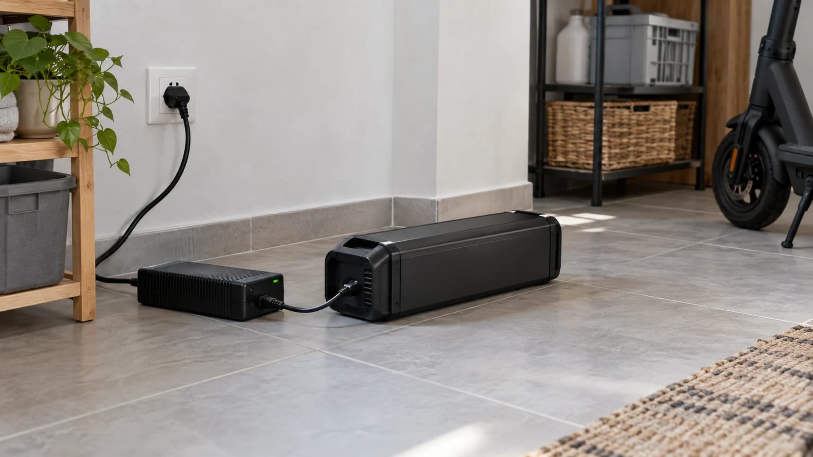baterie detașabilă de scuter electric încărcată pe podea ceramică