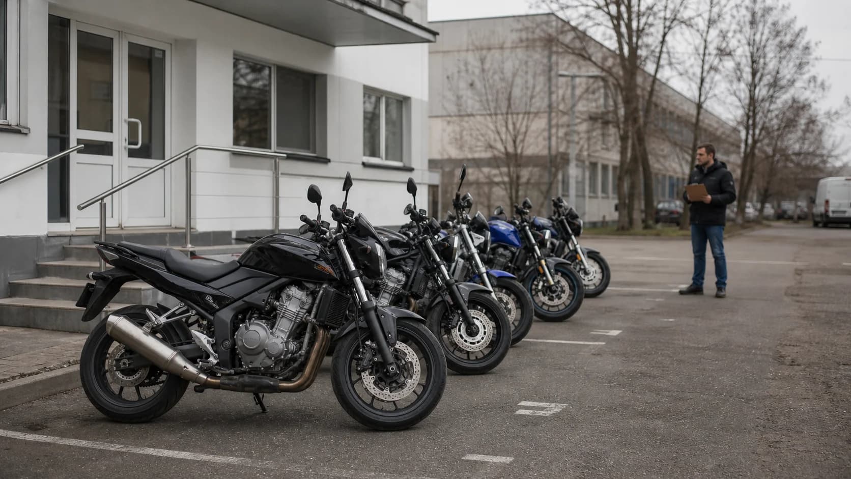 Motociclete parcate în fața unei instituții pentru ilustrarea datelor de înmatriculare