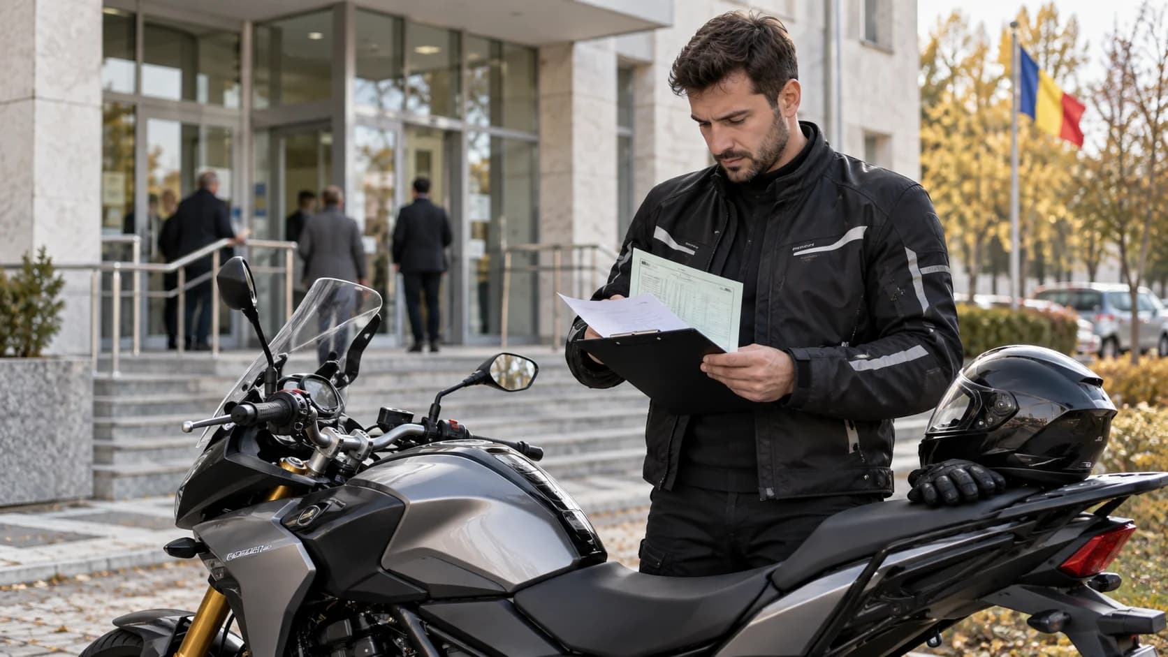 Motociclist verificând documente lângă motocicletă în fața unei clădiri administrative