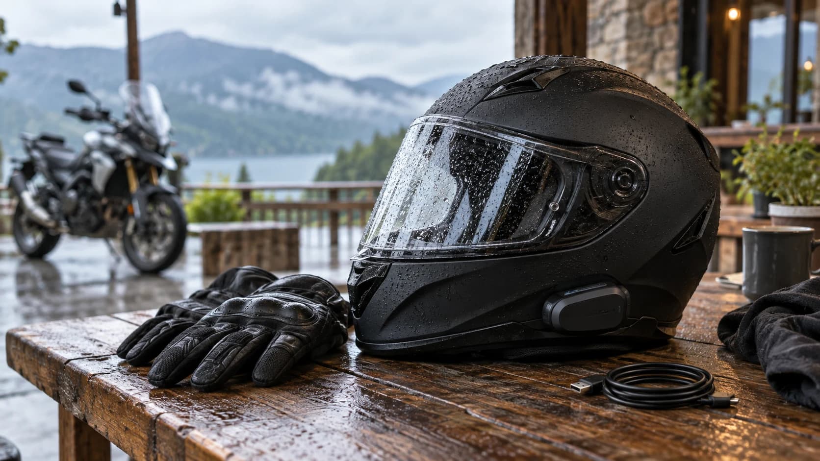 cască moto integrală cu intercom montat discret pe o masă de atelier