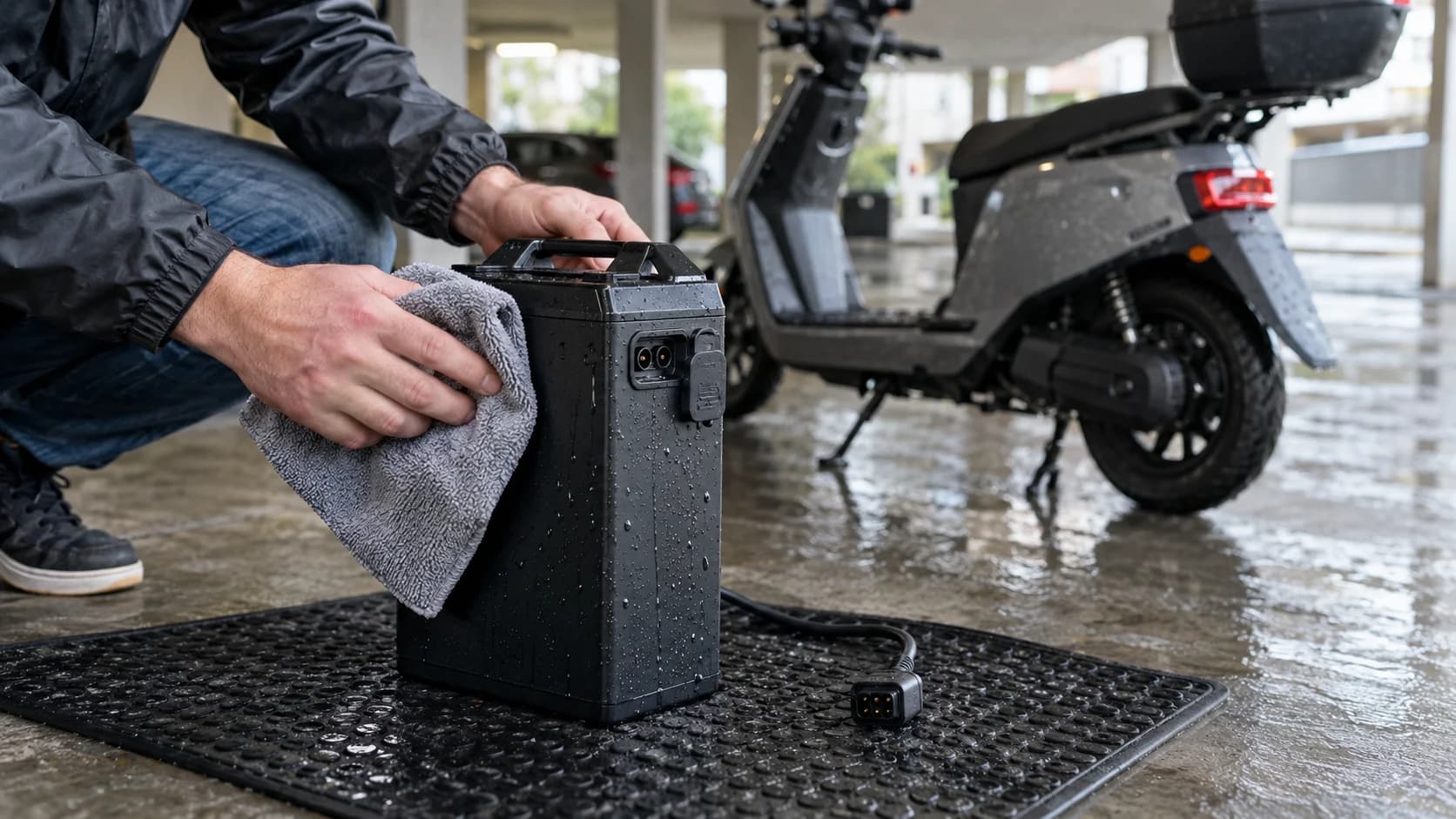 Scenă editorială cu IPX7 baterie scuter electric pe un drum din România, fără text vizibil