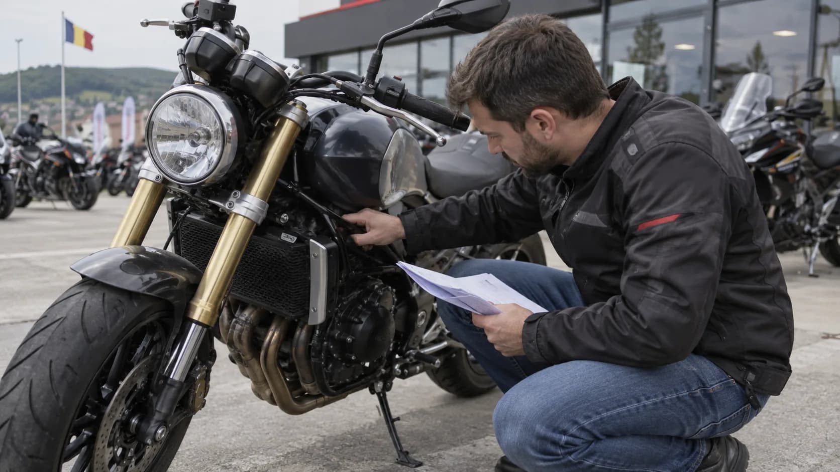 Cumpărător verificând documente și seria unei motociclete second-hand