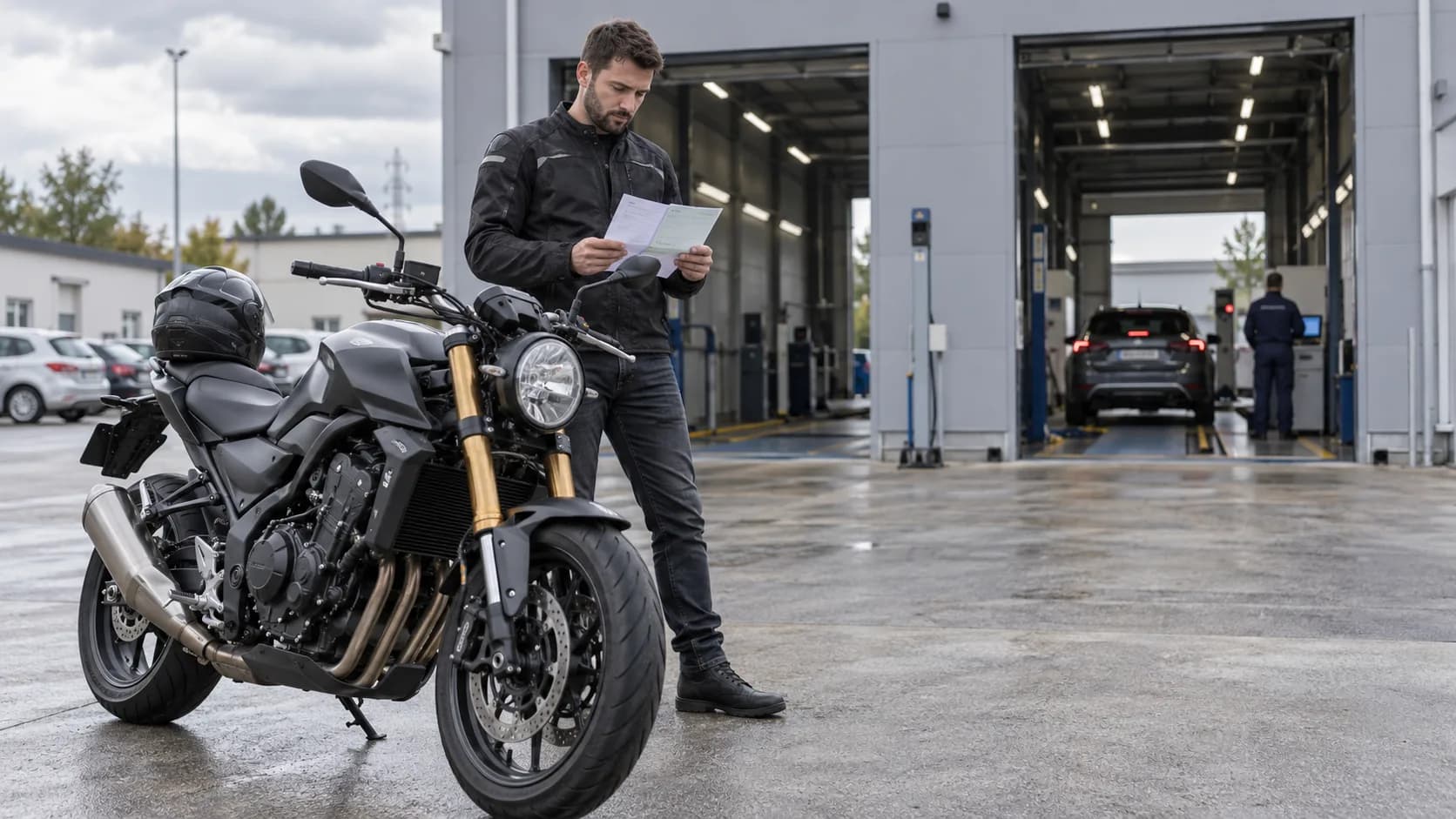 Motocicletă fără sigle oprită lângă un centru ITP, cu plăcuță nelizibilă și atmosferă realistă românească