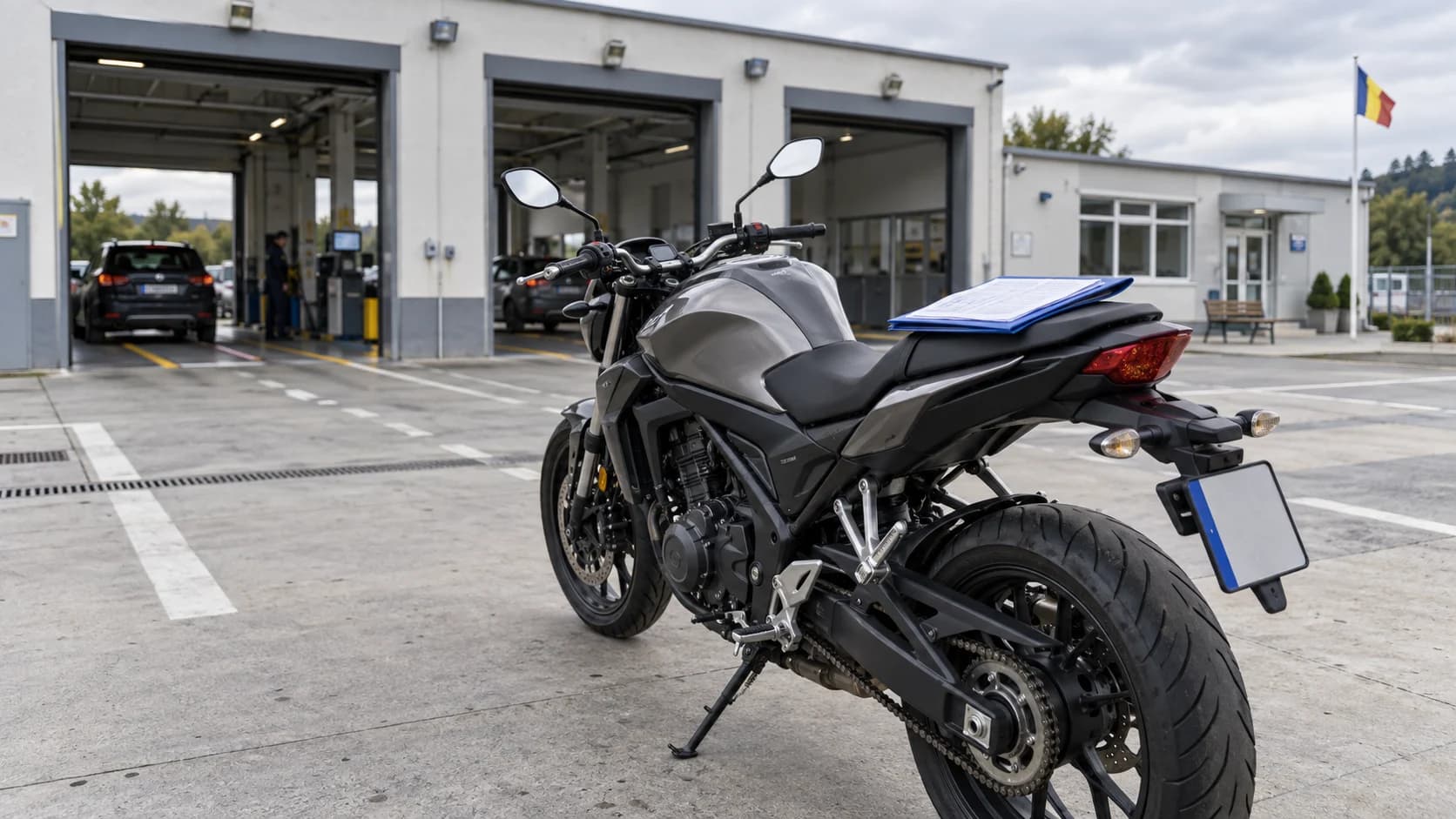 Motocicletă pregătită pentru inspecție tehnică, cu documente așezate pe șa