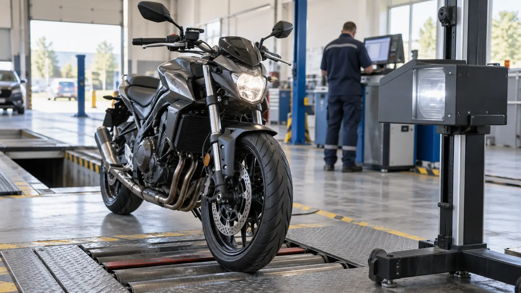 Motocicletă pe linie de inspecție tehnică într-un atelier