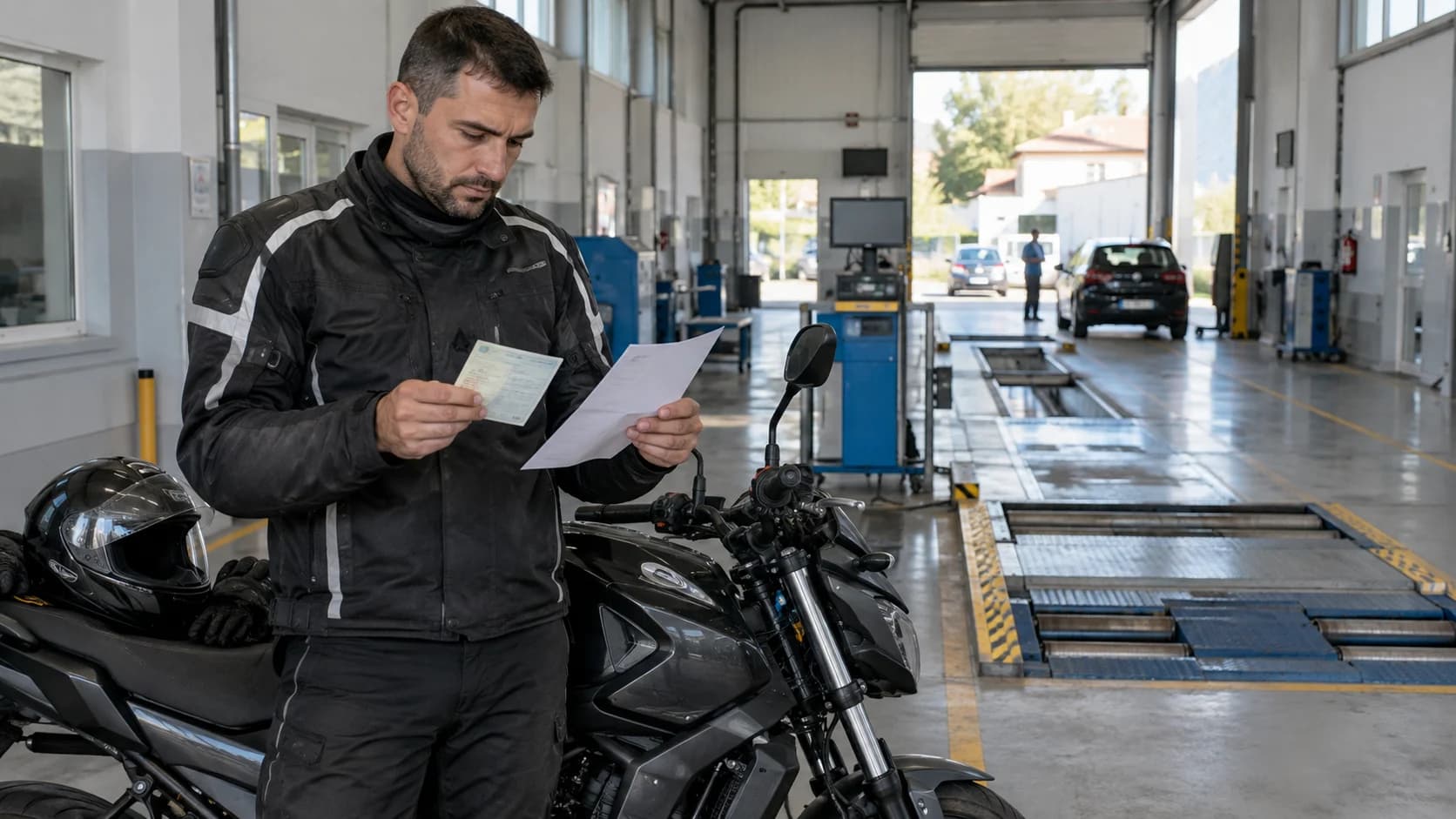 Motociclist cu documente lângă motocicletă într-o stație de inspecție tehnică