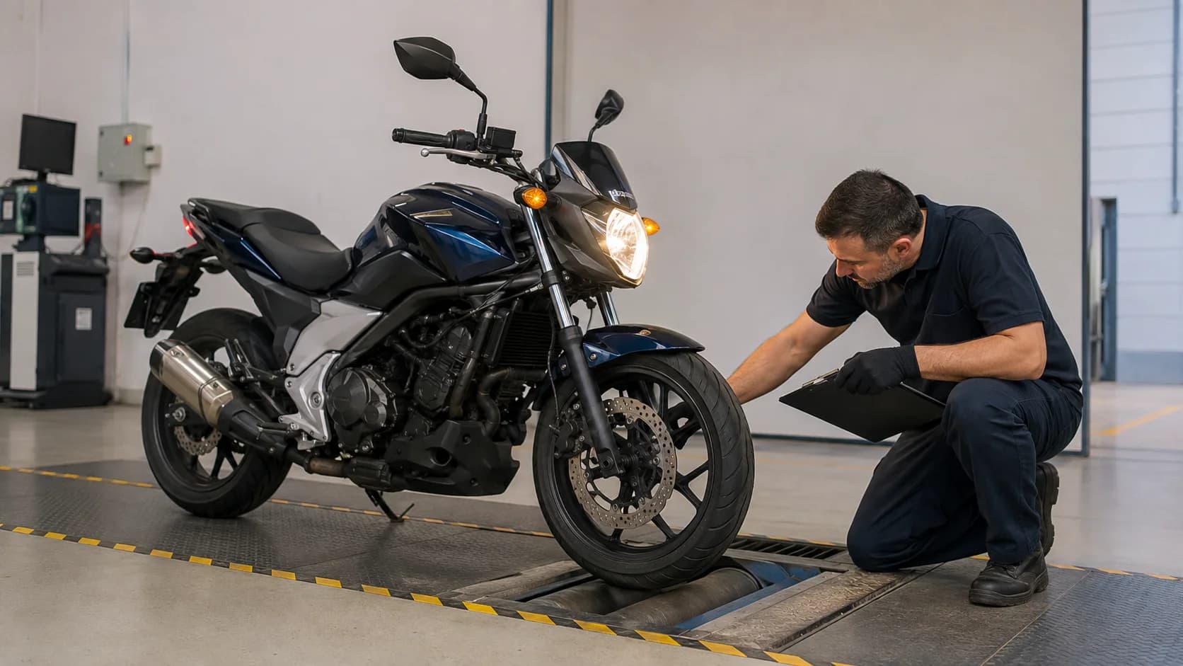 Motocicletă verificată într-o stație de inspecție tehnică