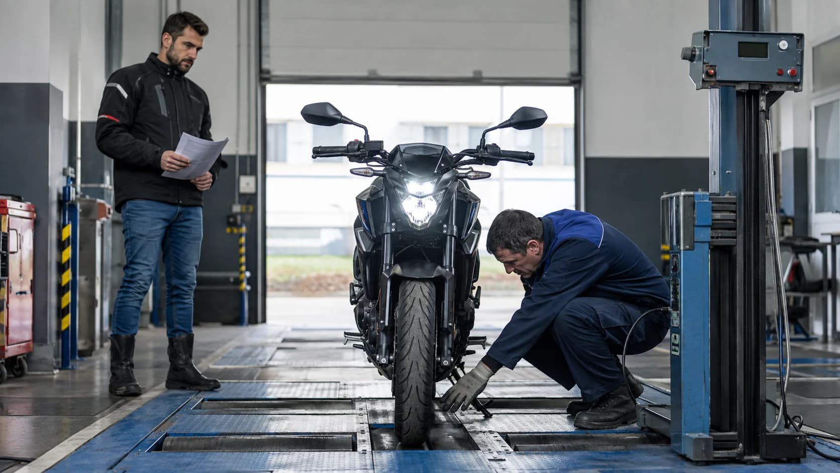 Motocicletă verificată într-o stație de inspecție tehnică periodică