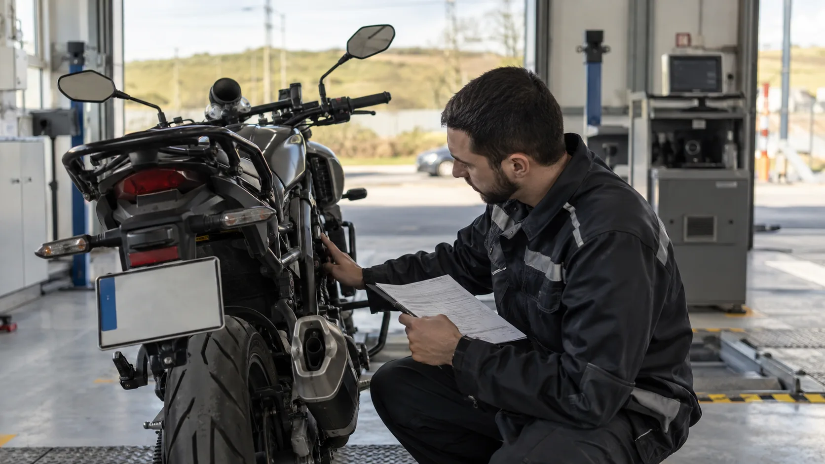 Tehnician verificând documentele și seria unei motociclete la stația ITP