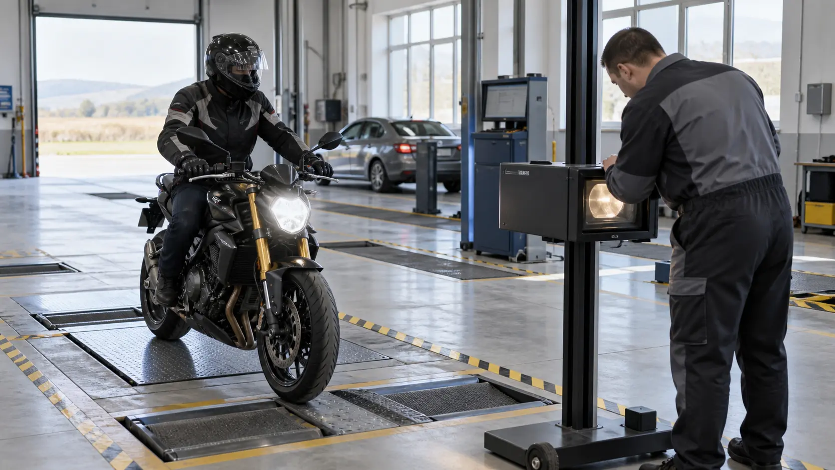 Motocicletă verificată într-o linie de inspecție tehnică fără sigle oficiale