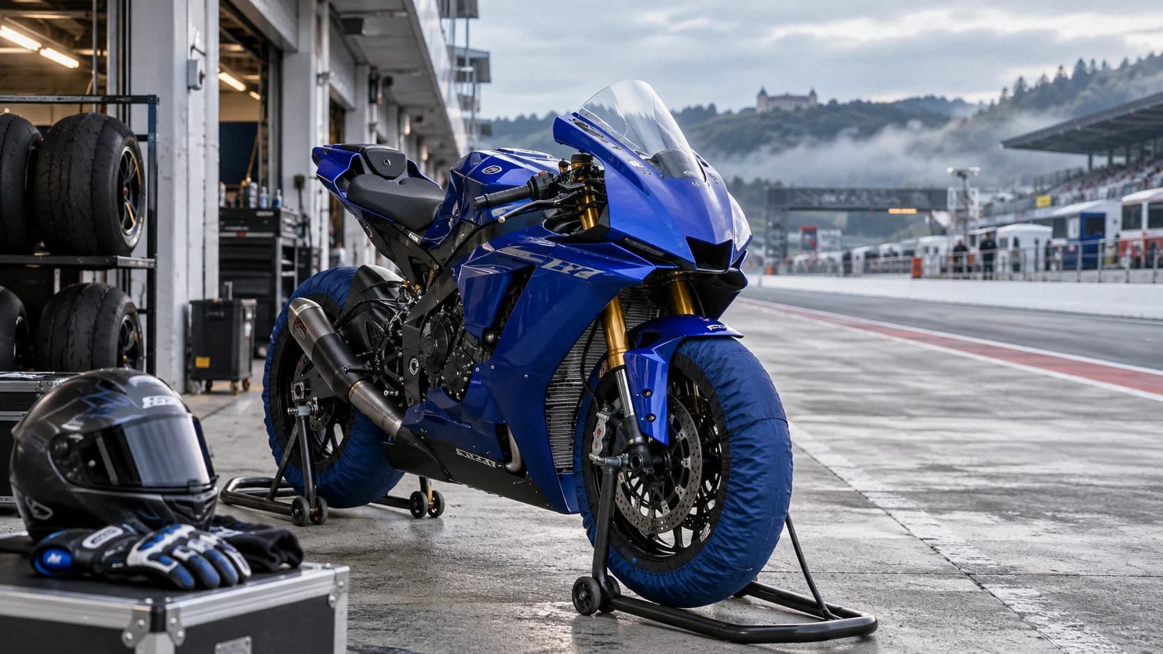 motocicletă sport albastră pregătită de cursă pe linia boxelor