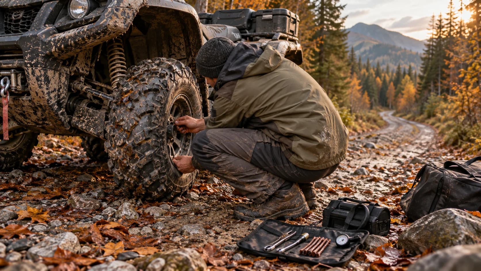 utilizator care verifică roata unui ATV pe un drum forestier pietros