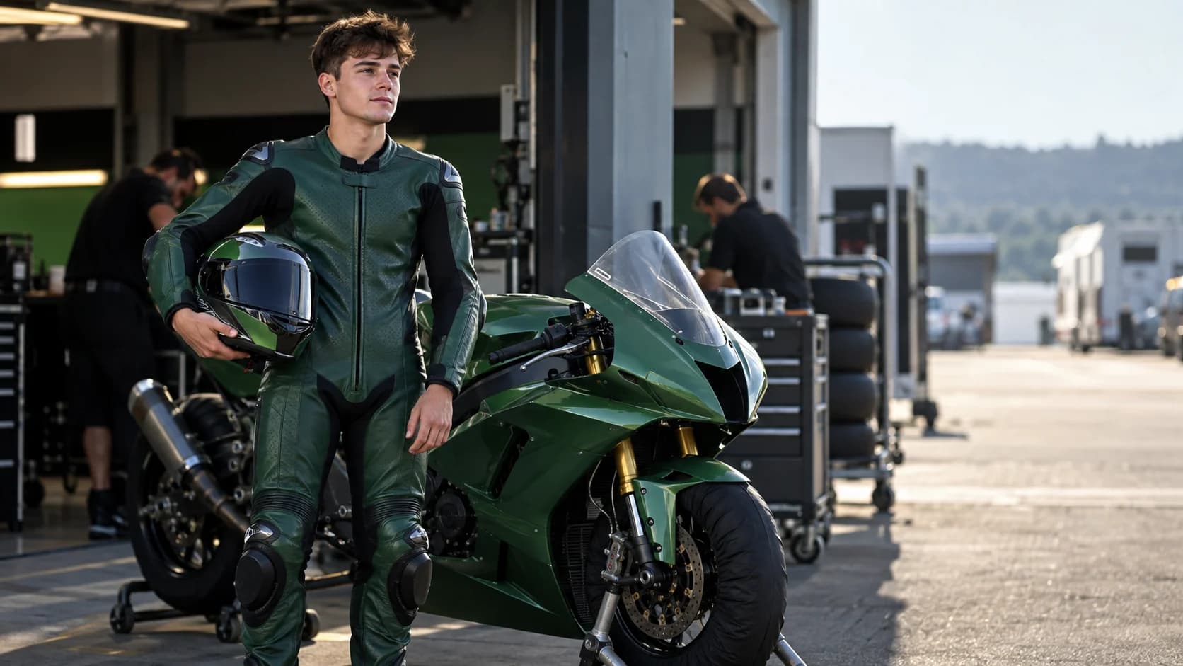 Pilot în combinezon verde lângă o motocicletă supersport într-un paddock european